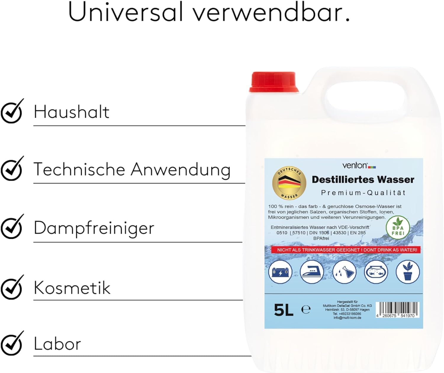VENTON Destilliertes Wasser, 25 Liter (5 x 5 Liter), Geeignet für Batterien, Aquarien, Bügeleisen & Pflanzen, Aquarien- und Teichwasseraufbereitung (Chemica)