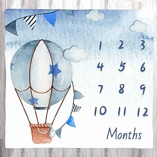 LYLYCTY Blue Baby Monthly Milestone Blanket, Cartoon Hot Air Balloon Star Newborn Photo Baby Memory Blanket Nursery Baby Swaddle Blanket, 48x40 Inches BTXTLY41