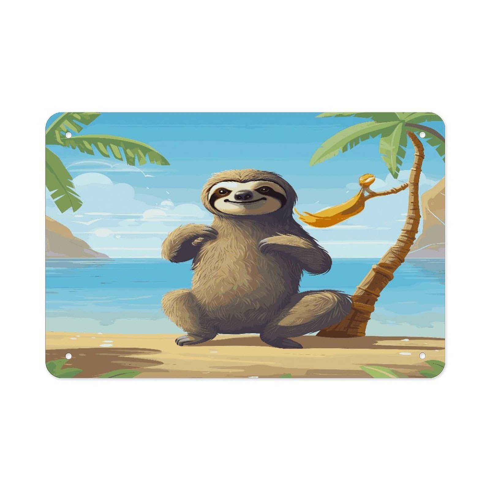 LDGSUPH Sloth on Beach Metal Tin Sign Wall Art Prints Folded Edge Iron Sheet Painting with Holes for Wall Prints Decorative Picture Metal Signboard Decor Painting Wall Decor