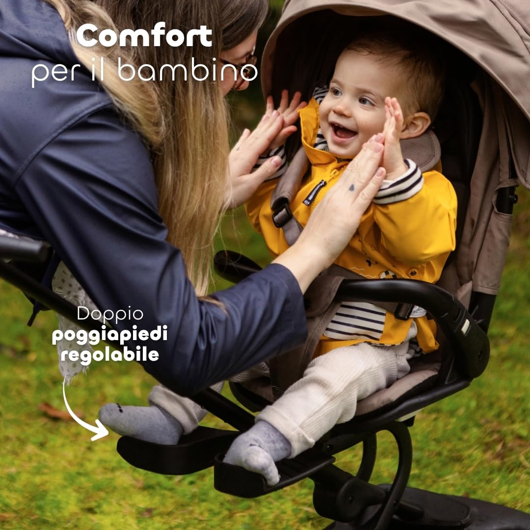 BÉABA X Micro Mobility Baby Cruiser Passeggino Dalla Nascita, Seduta Girevole 360°, 7 Posizioni, 3 Inclinazioni, Chiusura Una Mano, Ruote LED, Imbracatura 5 Punti, Cappottina UPF 50+, Pralinato