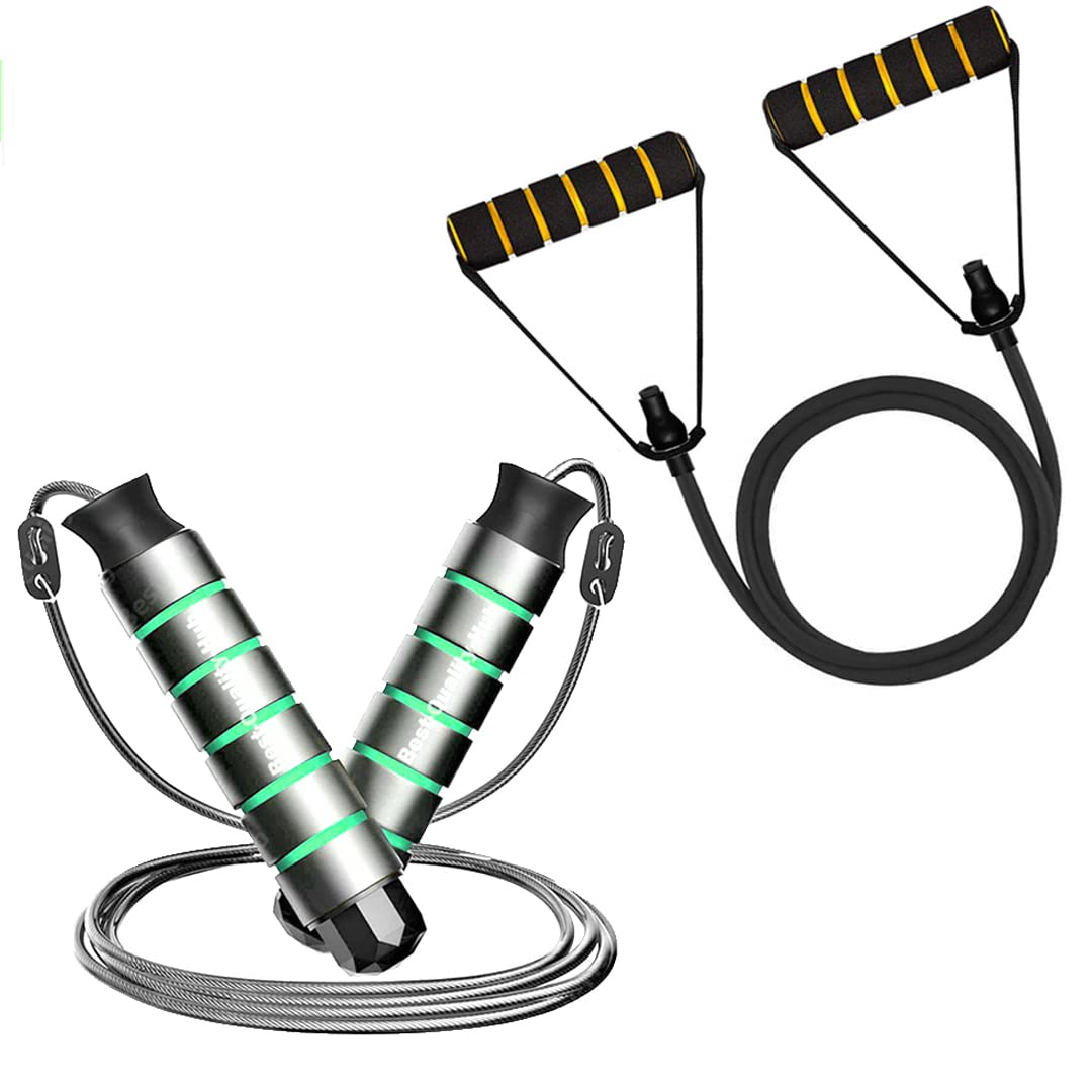 Pack of 2 Combo |Premium Single Band Resistance Toning Tube and Foam Handle Jumping Skipping Rope for Fat Loos | Body Stretching and Gym Workout and Fitness Exercise Equipment Kit-Black Unisex (B0BRVBCDH4) Amazon Price History, Amazon Price Tracker
