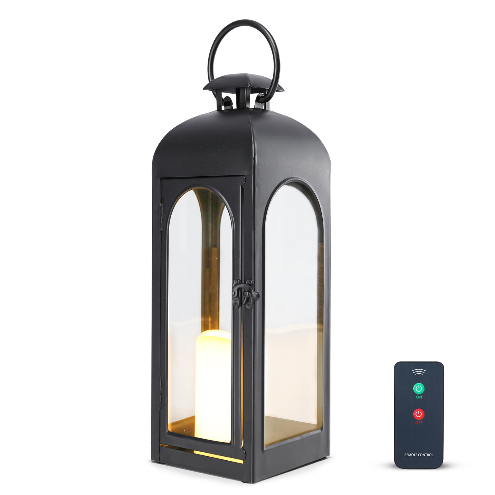 Bdor 20 Inches Metal and Stainless Steel Glass Decorative Lantern with Electronic Wax Effect - Indoor/Outdoor Decorative Lighting, Handcrafted