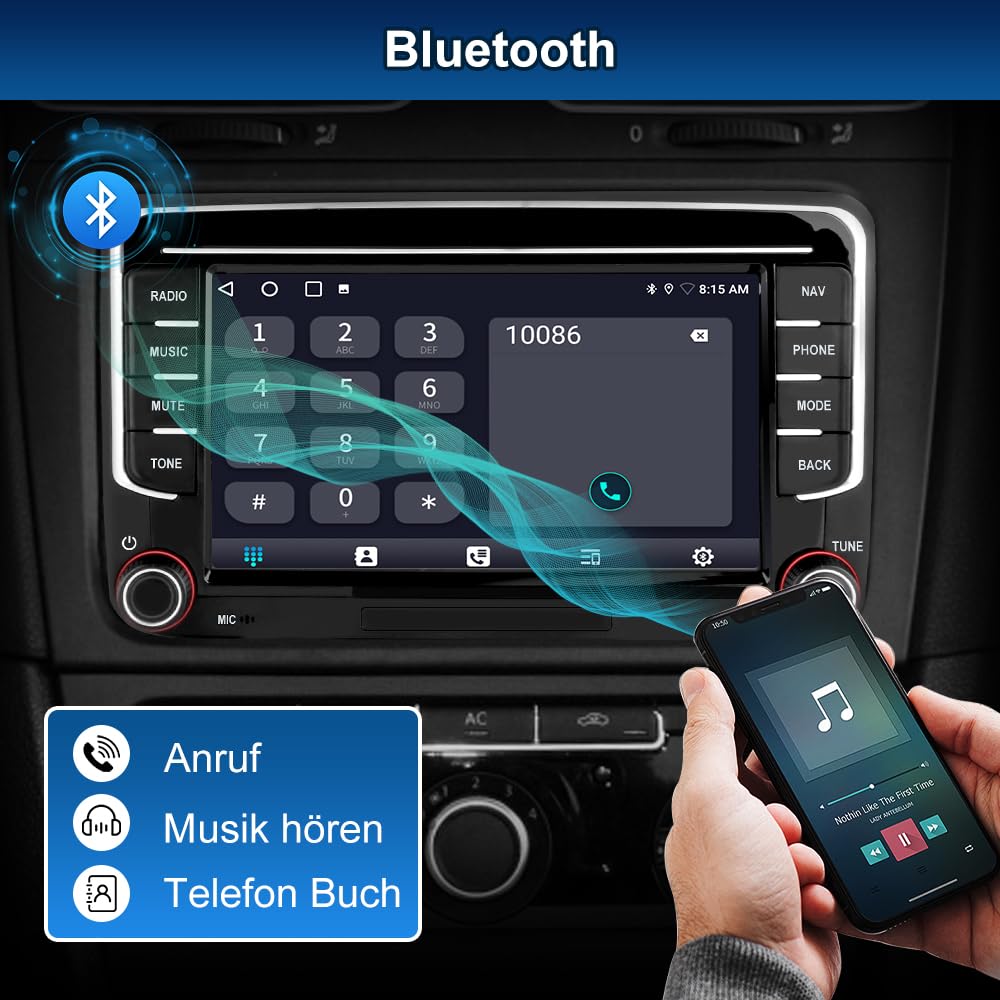 Junsun Android Autoradio für Volkswagen, Golf 5, Golf 6, Seat, Skoda 2GB+64GB with 7 Zoll Touchscreen CarPlay, Android Auto, Bluetooth Navigtion Lenkradsteuerung