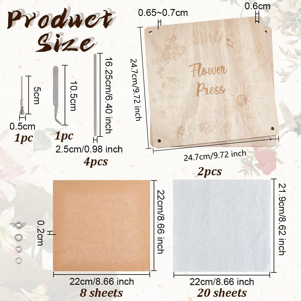 OLYCRAFT Kit Professionale per Fiori a 8 Strati 24.7x24.7cm Kit per Pressa Fiore in Legno Kits per Pressare Fiore con Motivo Api Kits per La Conservazione Dei Floreale per Adulti Amanti Dei Fiori