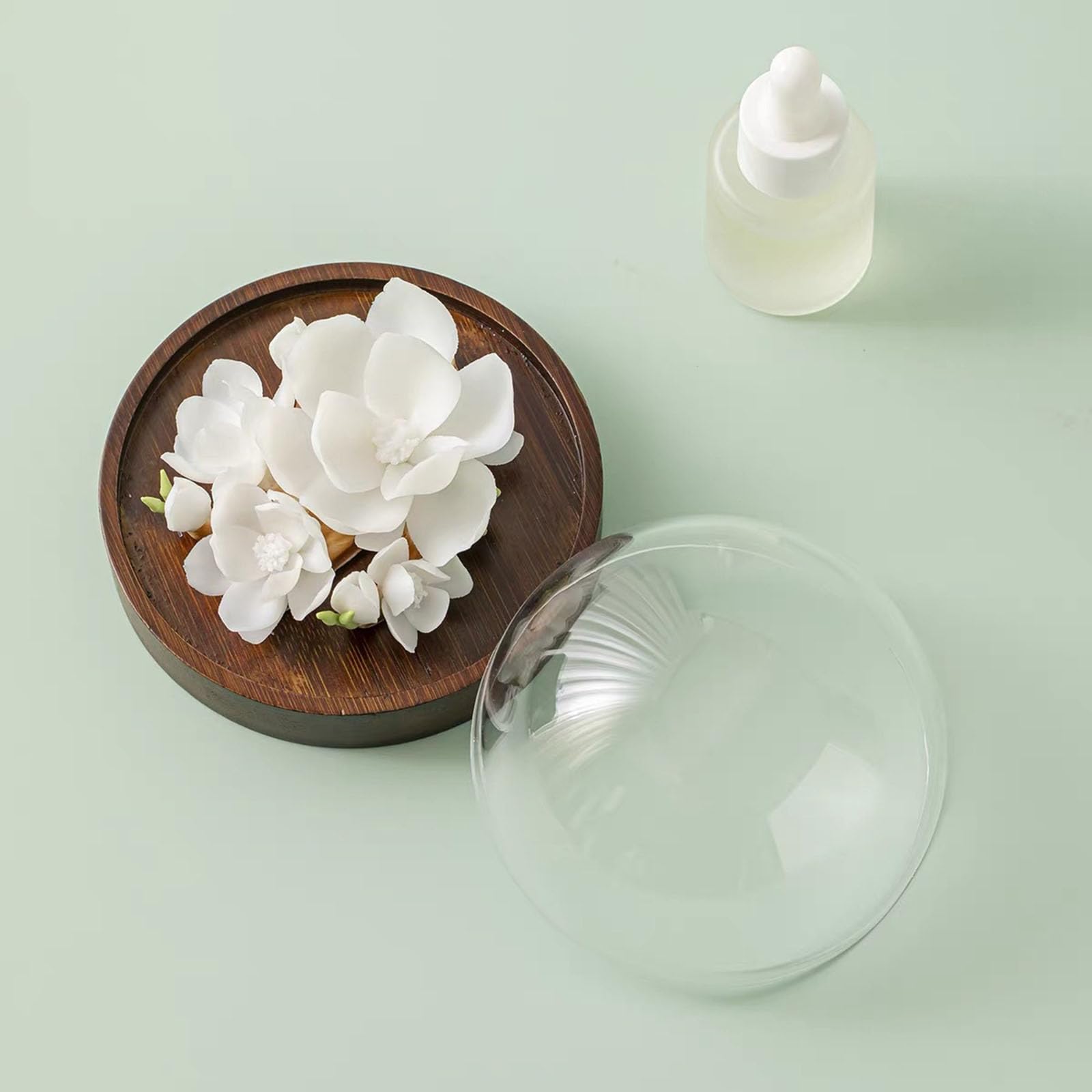 Kwiat Magnolii Ceramiczny Mini Dyfuzor Olejków Eterycznych, Drewniana Paleta | Ręcznie Wykonany Kwiatowy Ceramiczny Nieelektryczny Pasywny Dyfuzor Aromaterapeutyczny,White,13cm | 1