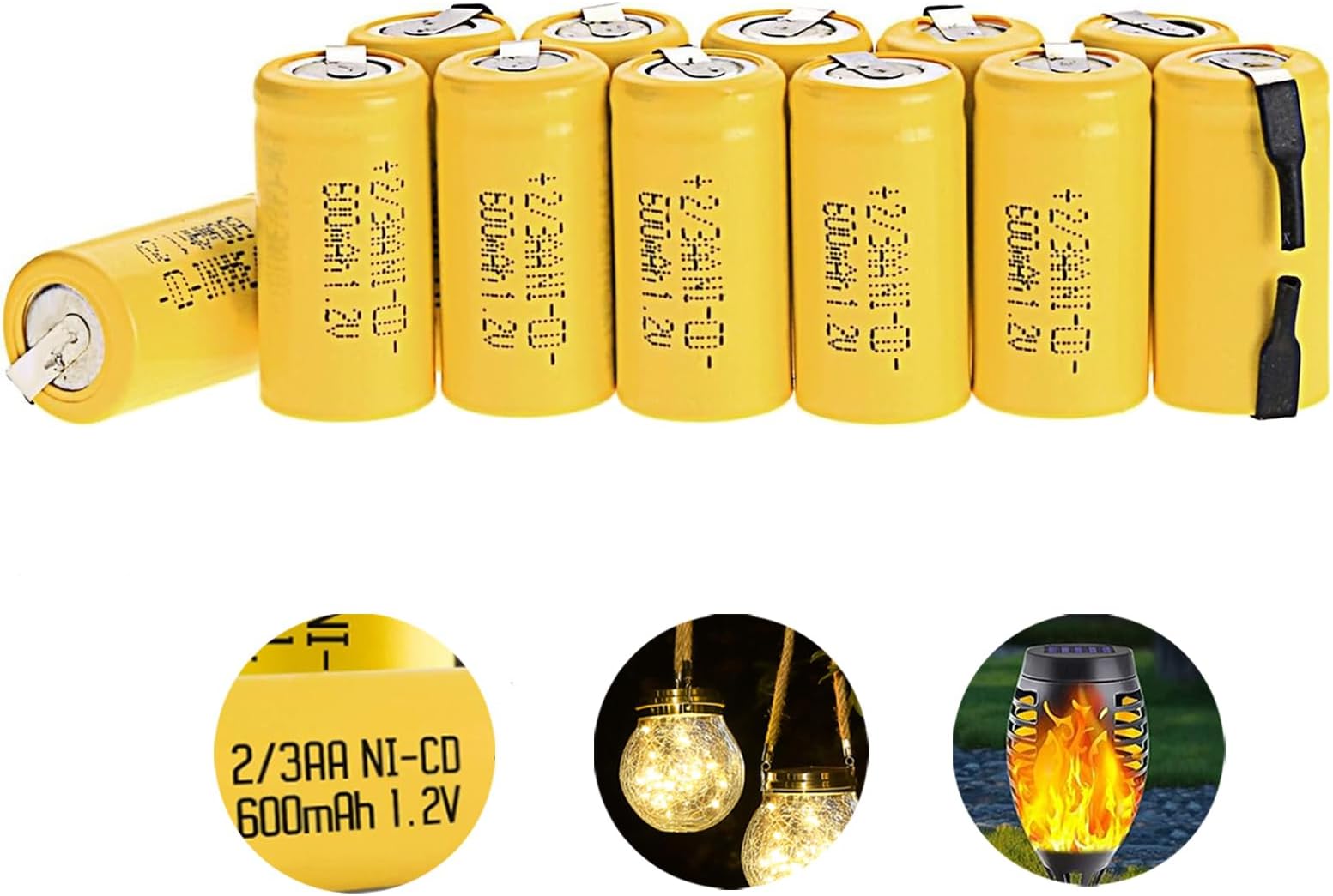 600mAh Rechargeable Battery 1.2V 2/3AA AA Battery Flat Top Solar Battery Ni-CD Battery Pack,-12pcs Yellow