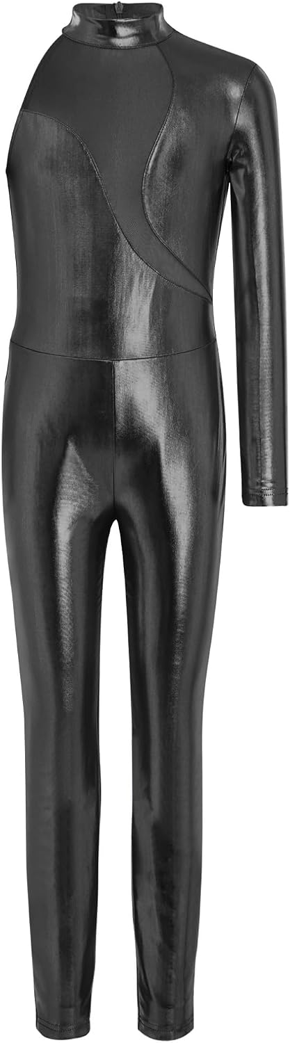 FEESHOW Kids Girls Metallic Gymnastics Unitard One Long Sleeve Figure Ice Skating Jumpsuit Ballet Leotard