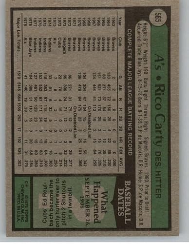 Miniatura 2 de 1979 Topps Set Break TWO #565 Rico Carty Oakland Athletics Official MLB Baseball Card. See Photo For Condition