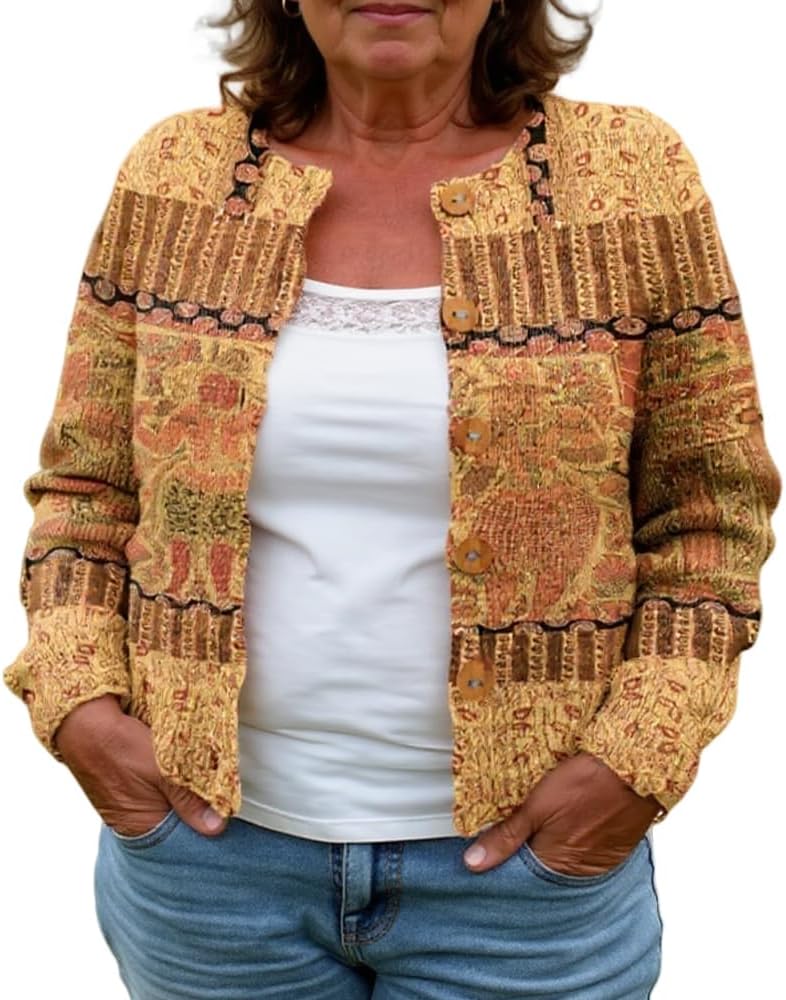 TIAFORD Women's Vintage Boho Pattern Knit Cardigan 2025 Fall Winter Oversized Button Down Cozy Chunky Sweaters for Women