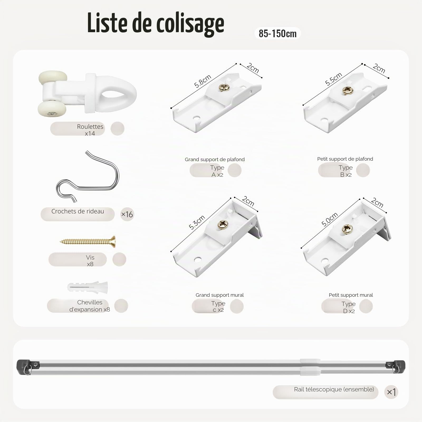 Tringle à rideau rétractable 85-150cm, tringle à plafond en aluminium, kit de tringles silencieuses, tringle à rideau de séparation pour les fenêtres et les pièces, Blanc