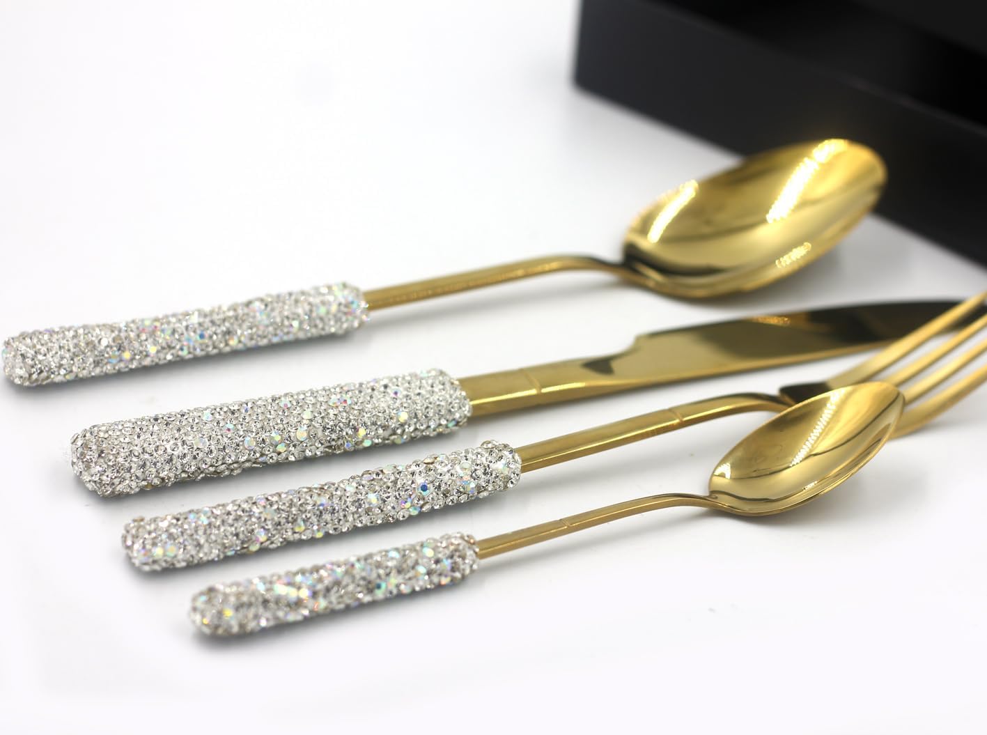 4 Pcs Bling Luxury Flatware Cutlery Set Rhinestone Crystal Stainless Steel Kitchenware Dinnerware Utensils, Spoon, Knife, Fork SET for Birthday Bridal Party Gift (Silver)