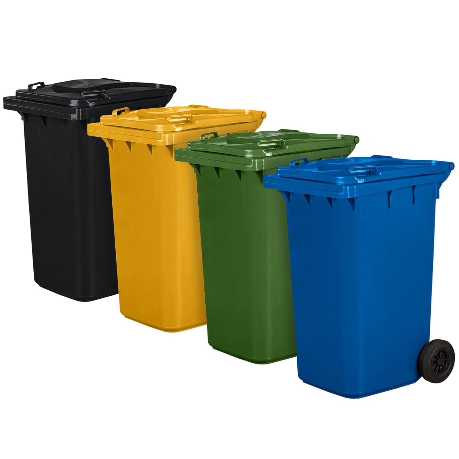 Juego de 4 cubos de basura para basura PN-EN 840, de 240 litros, con ruedas, sistema de enganche para extracción mecánica, de plástico, negro, amarillo, verde, azul