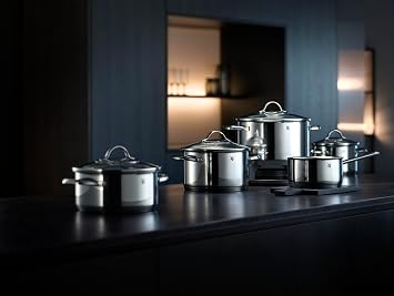 WMF Provence Plus 9-Piece Cookware Set, Stainless Steel Suitable for Induction, 1 Low Saucepan 20 cm, 3 Saucepans 16 cm, 20 cm and 24 cm, 1 Saucepan 16 cm with 4 Glass Lids