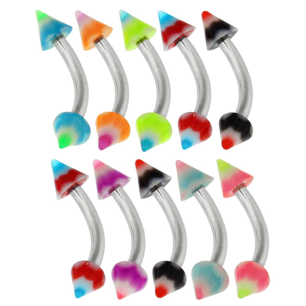 Curved Barbells 10 Pieces UV Stripe Spider Web Cone with Surgical Steel Banana Eyebrow Jewelry