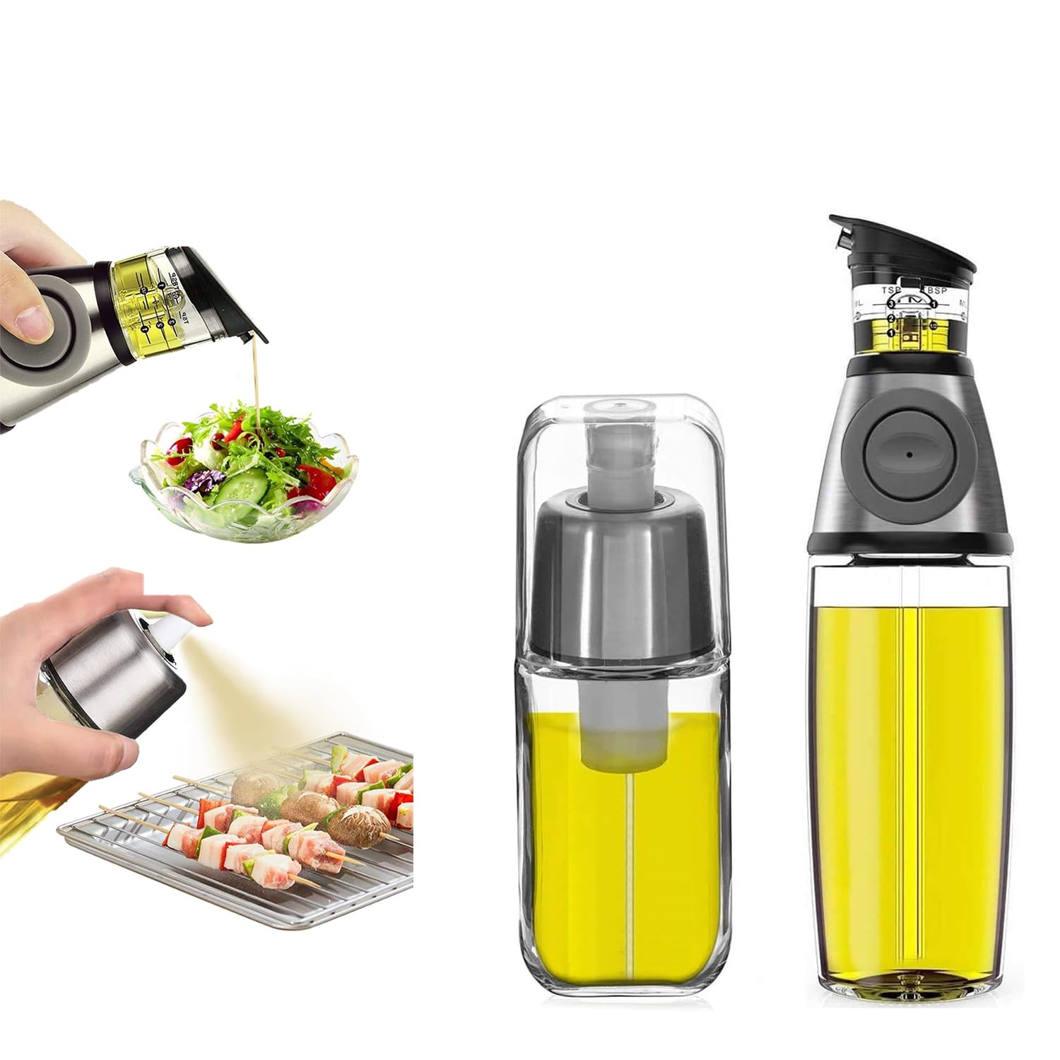 Exrp Olive Oil Dispenser For Kitchen & Olive Oil Sprayer Mister For Cooking – Pour Oil From 500ml Glass Non-drip Olive Oil Bottle Spout With Measurements And 180ml Spray Bottle