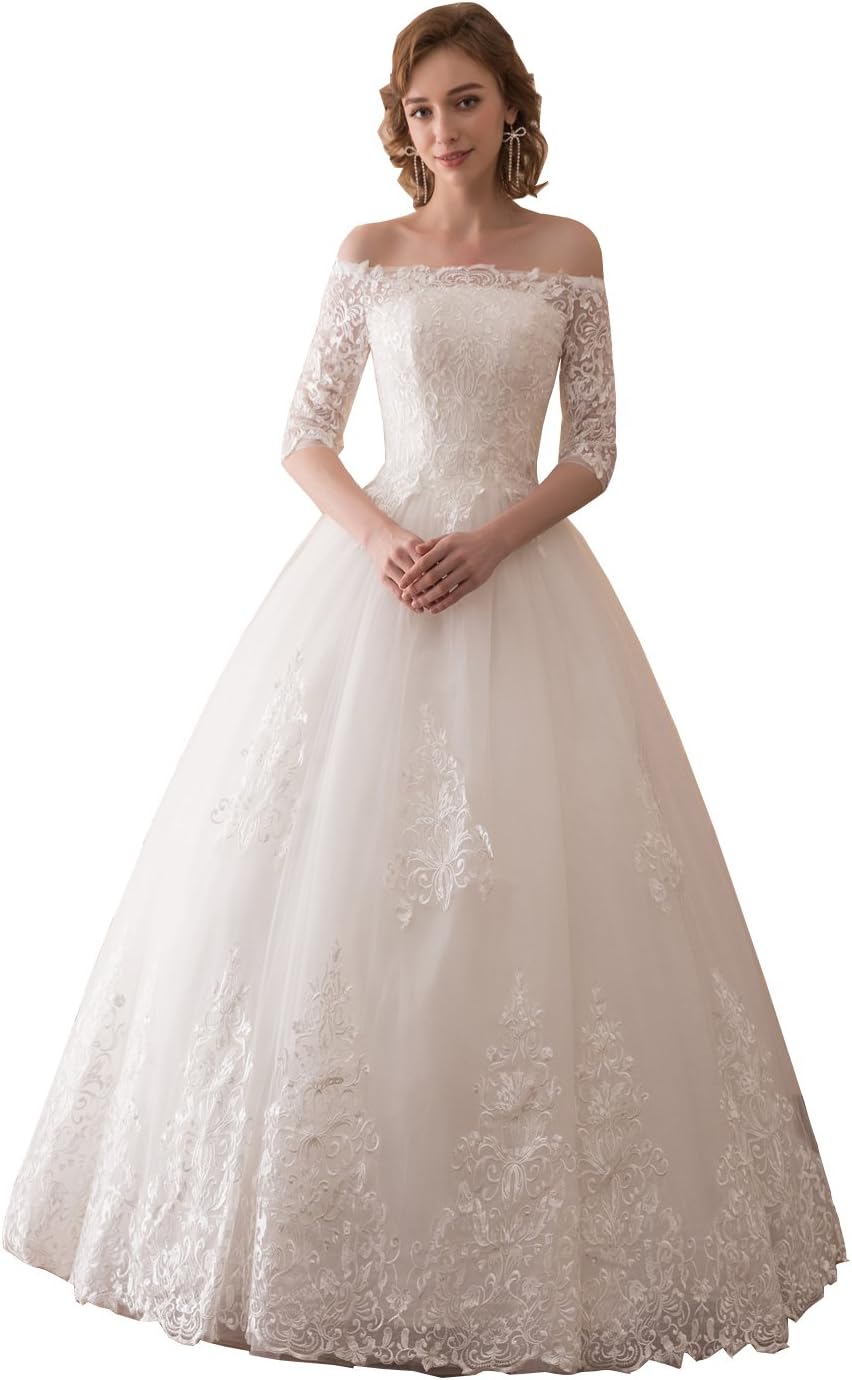 Women's Off-Shoulder Lace Tulle Wedding Dress with Sleeves