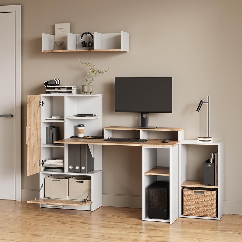 Livinity Armario para PC Lorena, Roble Blanco/Dorado, 28.5 x 72 cm con 2 Compartimentos