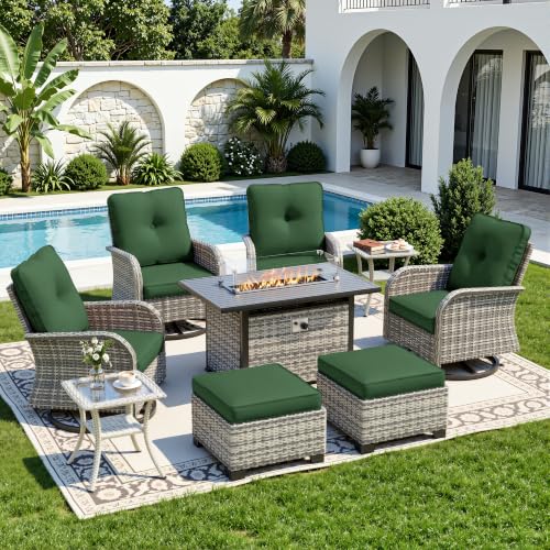 Image of 9-Piece Small Patio Furniture Set, Outdoor Swivel Rocking Chairs Set with 55,000 BTU Fire Pit Table Wicker Chairs and Ottomans, Patio Bistro Set for Balcony, Deck, Porch,Dark Green