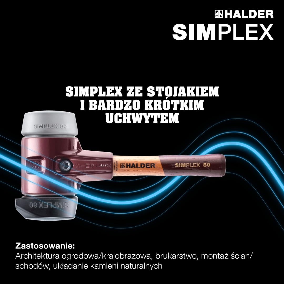 Simplex 3023.282 młotek ochronny, kompozycja gumowa, z podstawką/TPE-mid; z obudową z żeliwa ciągliwego i wysokiej jakości bardzo krótkiego drewnianego trzonka | śr. = 80 mm/wersja trzonka =