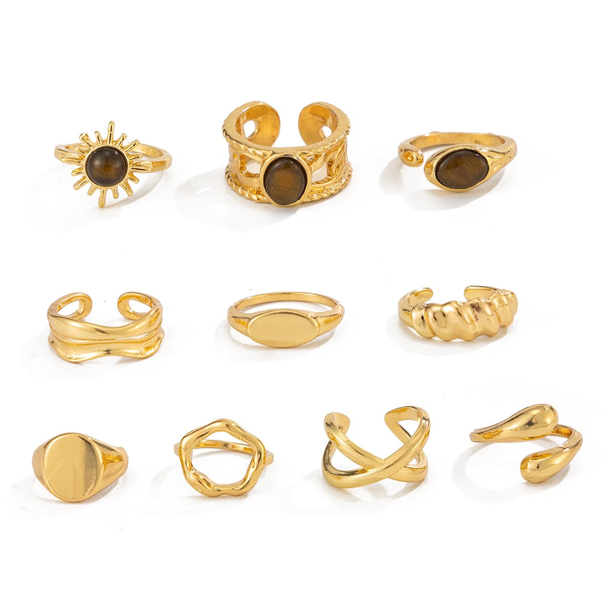Gold Rings Set for Women, Stackable Knuckle Rings with Black Stone, Adjustable Chunky Statement Ring Set, Boho Trendy Fashion Jewelry alloy