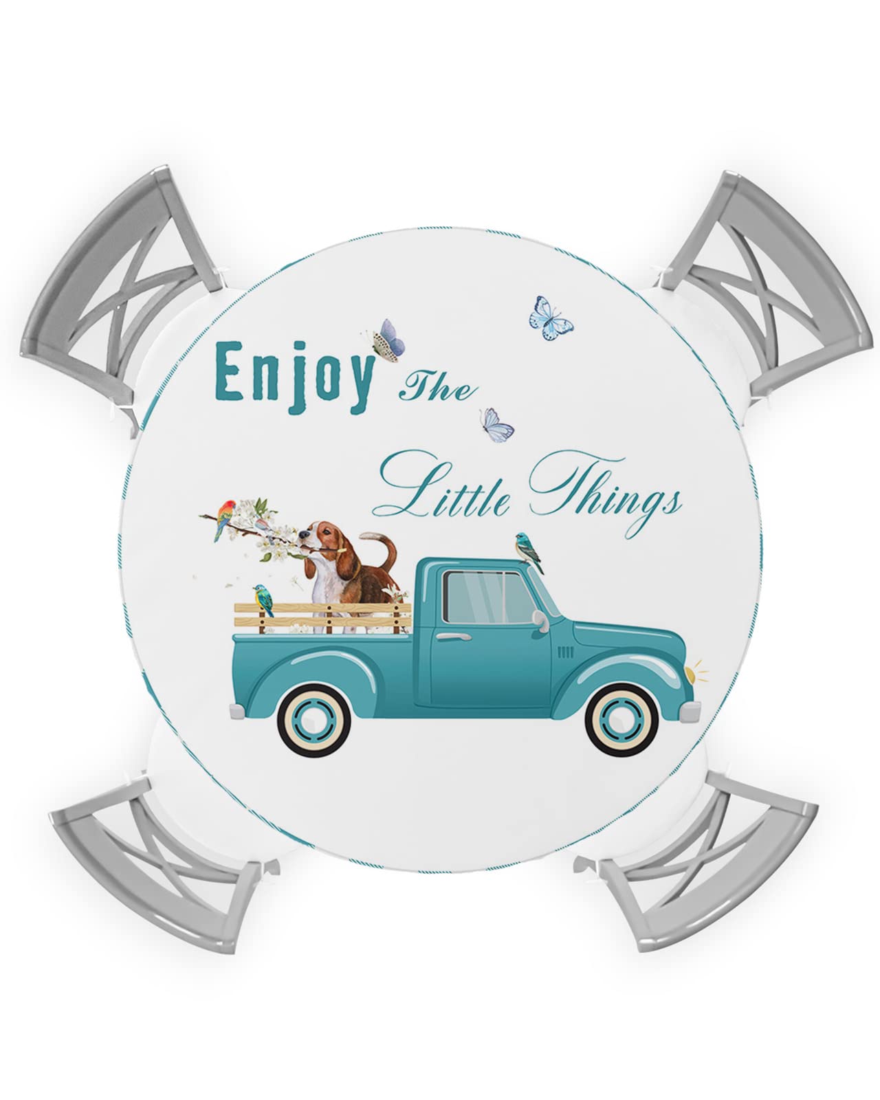 Chees D Zone Fitted Tablecloth for Round,Animal Dog Holding Flower Fence Farm Truck Butterfly Table Cover with Elastic Edge Waterproof Cloth,