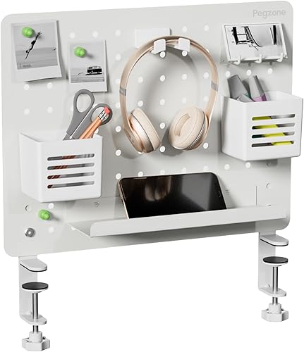 PEGZONE Tablero de clavijas de escritorio con abrazadera, accesorios de escritorio para oficina, juegos, hogar, tablero magnético de metal con 10