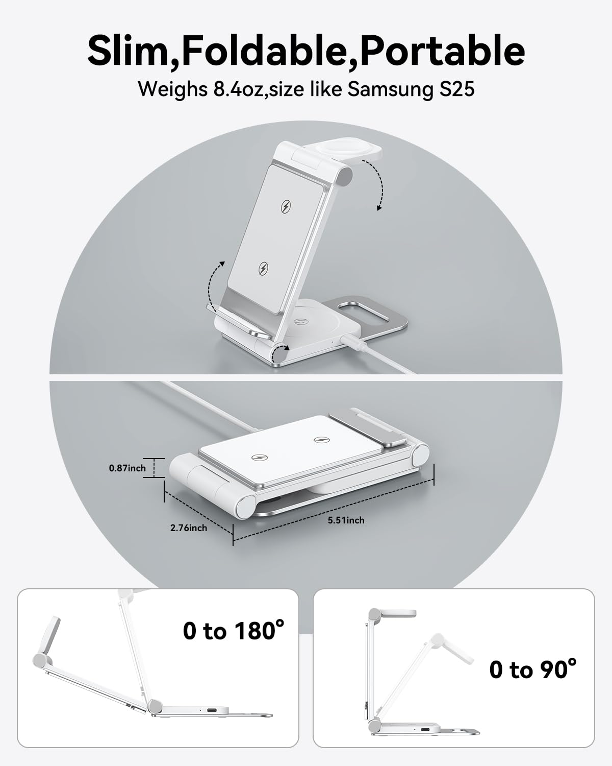 Chargeur Induction 3 en 1 pour Samsung S25 Ultra S24 S23 Z Flip Z Fold 6 5 Pliable Chargeur Rapide sans Fil pour Galaxy Watch 7/6/5 Pro/4/3, Station de Charge pour Galaxy Buds 2 Pro/3 Silvery White