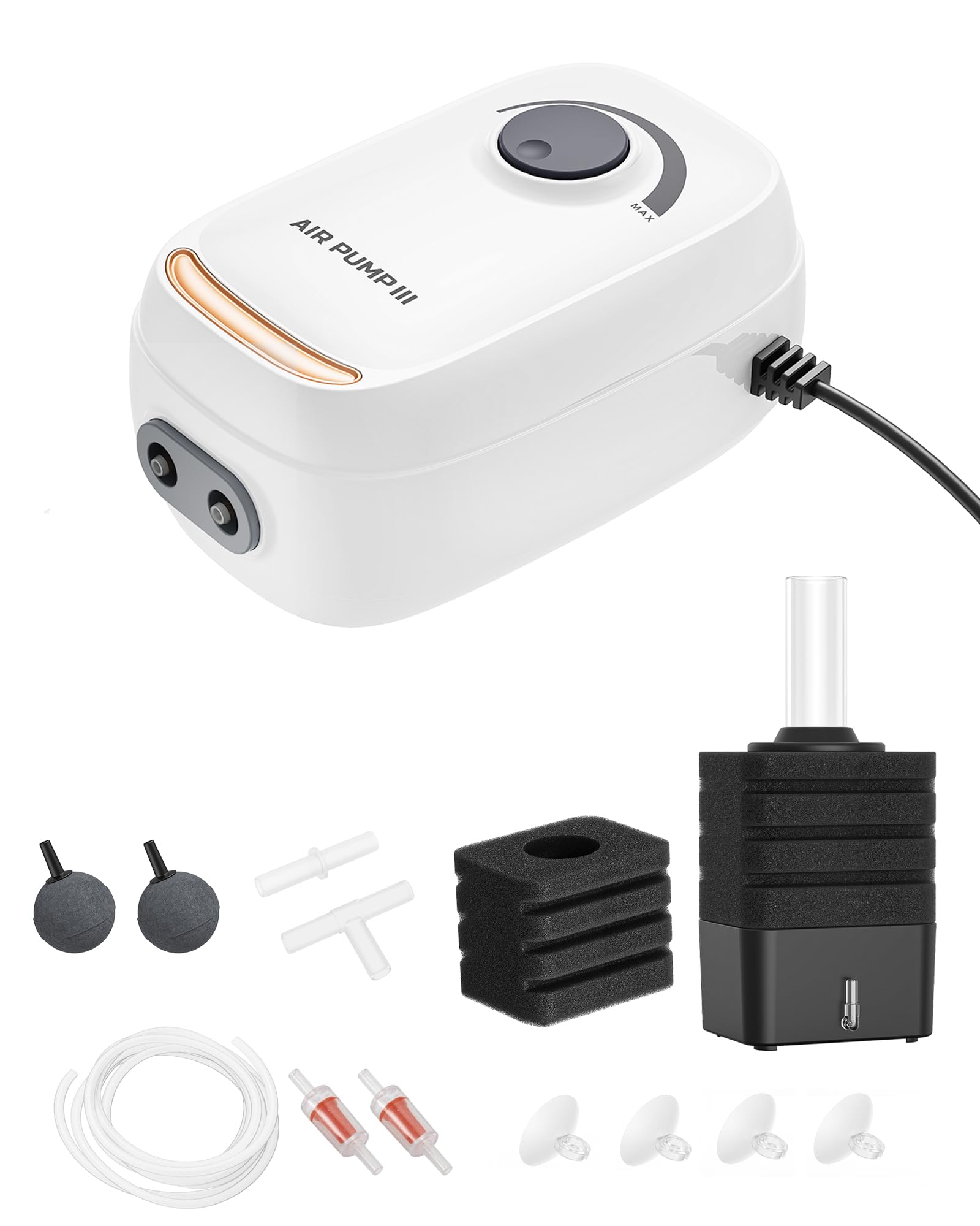 MoonOrange 3W/6W Aquarium Air Pump, Adjustable Aquarium Aerator with 2-Outlet, Super-Powerful & Quiet Oxygen Pump for Fish Tanks up to 100/200 Gallon with Full Accessories.(Upgrade Noise-Reduce)