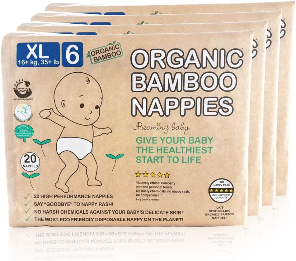 Organic Bamboo Nappies Size 6 (16kg+ / 35 lb+), 80 Biodegradable Nappies (4 Packs x 20) Monthly Multi Pack. Hypoallergenic, Ideal for Sensitive Baby Skin| Recyclable Paper Packaging