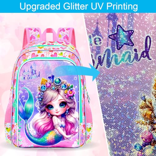 Image of CCJPX 3Pcs Mermaid Backpack for Girls, 16 inch Kids Bookbag with Lunch Box, Water Resistant Elementary School Bag for Kindergarten Preschool Toddler (Pink)