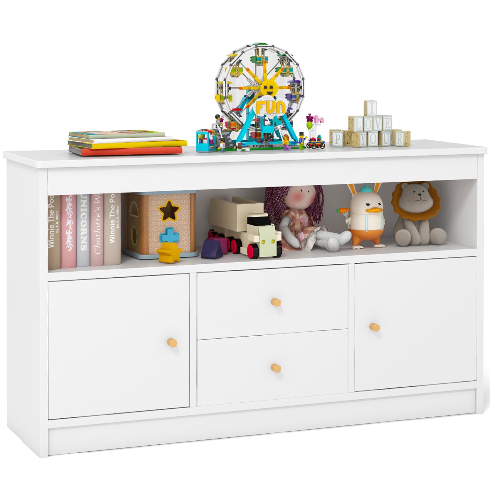 GYMAX Kids Storage Cabinet, Wooden Children Bookcase with Open Shelf, 2 Drawers & 2 Door Cabinets, Toy Storage Organizer for Playroom Bedroom Nursery (White)
