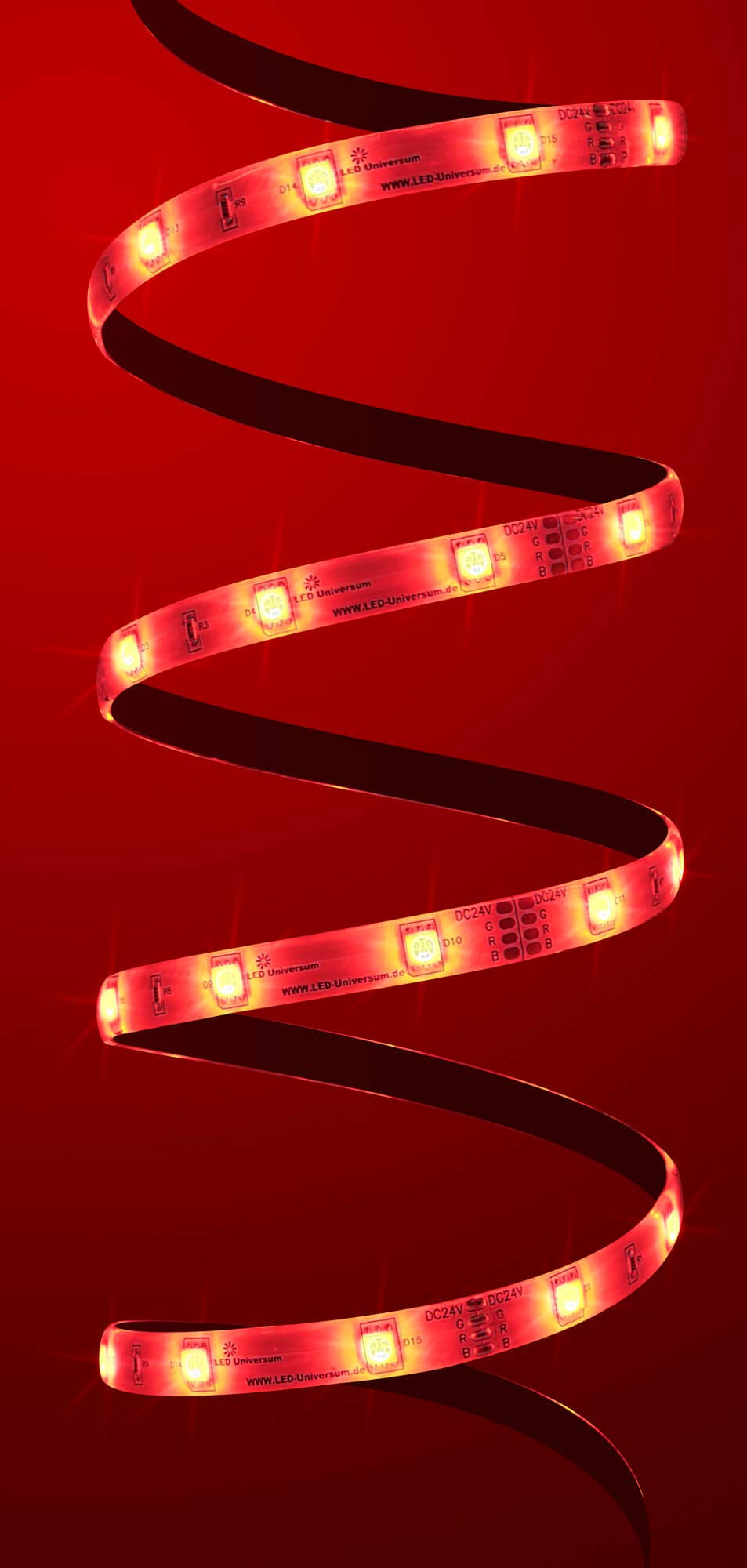 10 metros en la pieza con mando a distancia: tira LED RGB profesional (30 LED/m, IP65, 24 V), controlador y fuente de alimentación de 3 A.