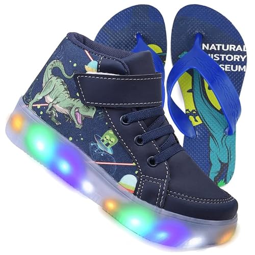 Kit Tenis Botinha Infantil Luzinha De Led Dinossauro Chinelo Tamanho:29;Cor:Azul