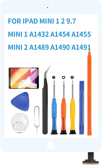 for iPad Mini 1 2 Screen Replacement Mini1 A1432 A1454 A1455 Mini2 A1489 A1490 A1491 Touch Screen Digitizer Sensor Full Glass Panel with Tempered Glass +Tools Kits White
