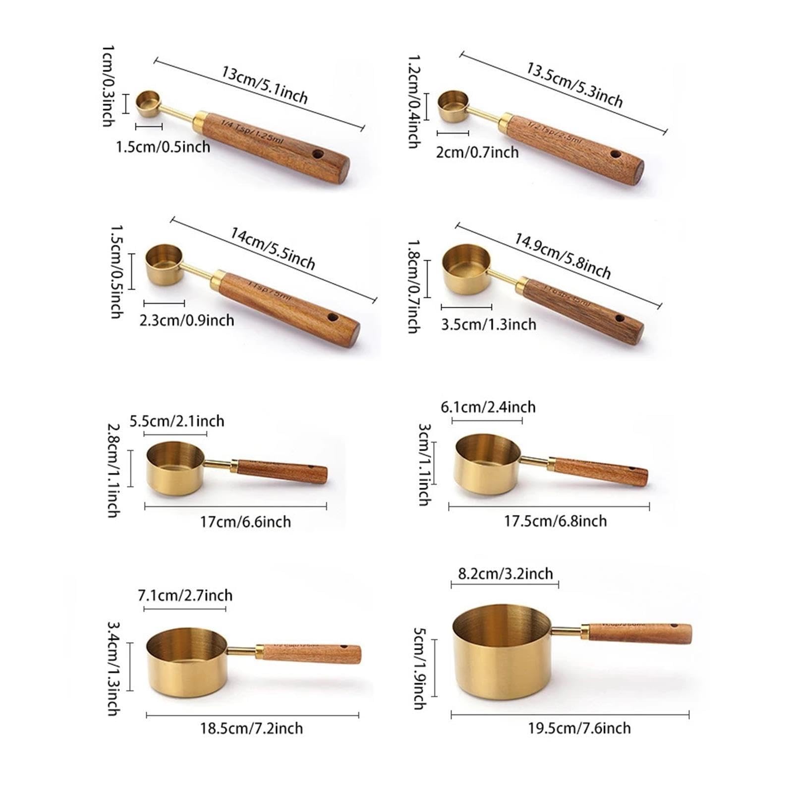 Vaso/cuchara medidora inox con mango de madera | Para café, condimentos y repostería; varias capacidades(4PCS L silver)