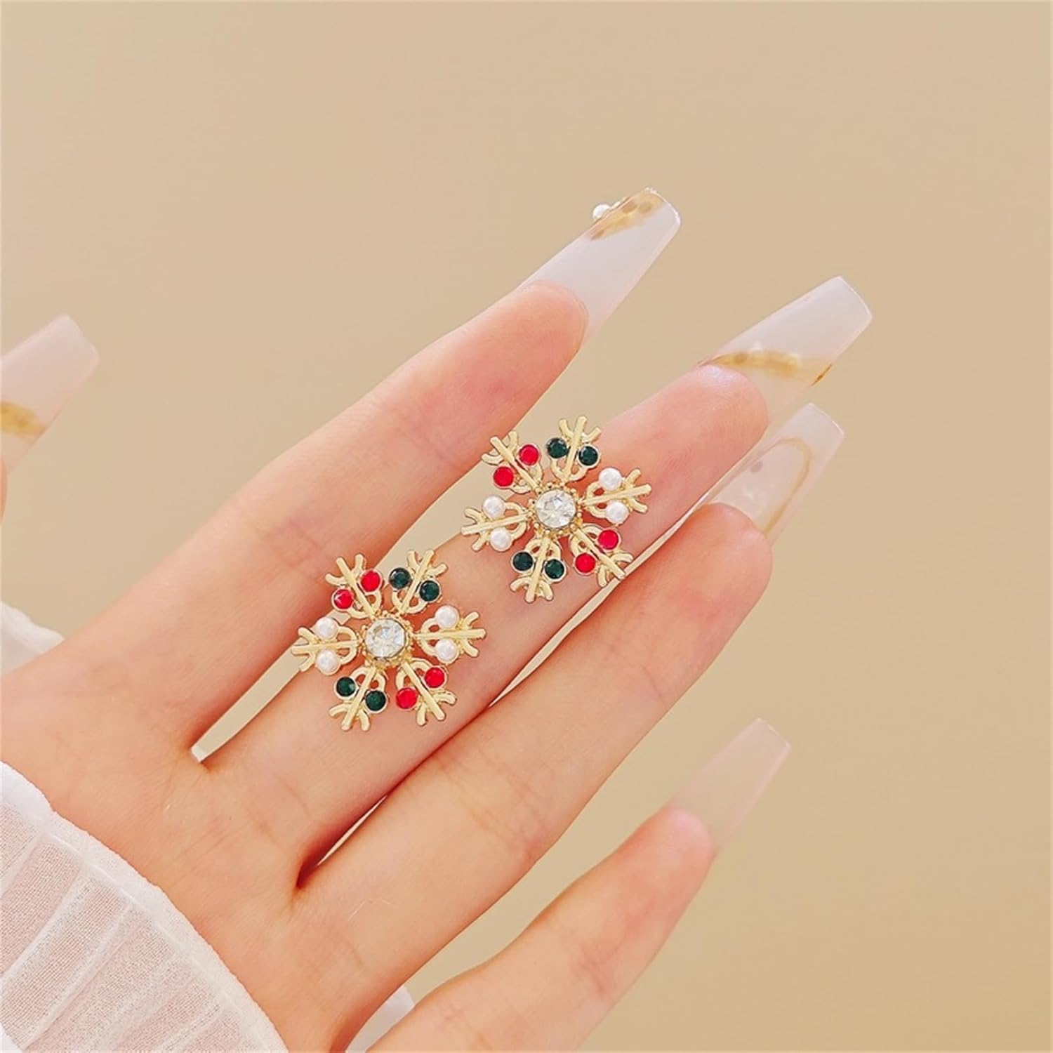 Christmas Snowflake Small Stud Earrings Gold Plated Elegant Frozen Ice Flower Simulated Pearls Chic Red Green Crystal Rhinestone Earrings for Women Minimalist Xmas New Year Winter Holiday Fashion Jewelry - Image 6