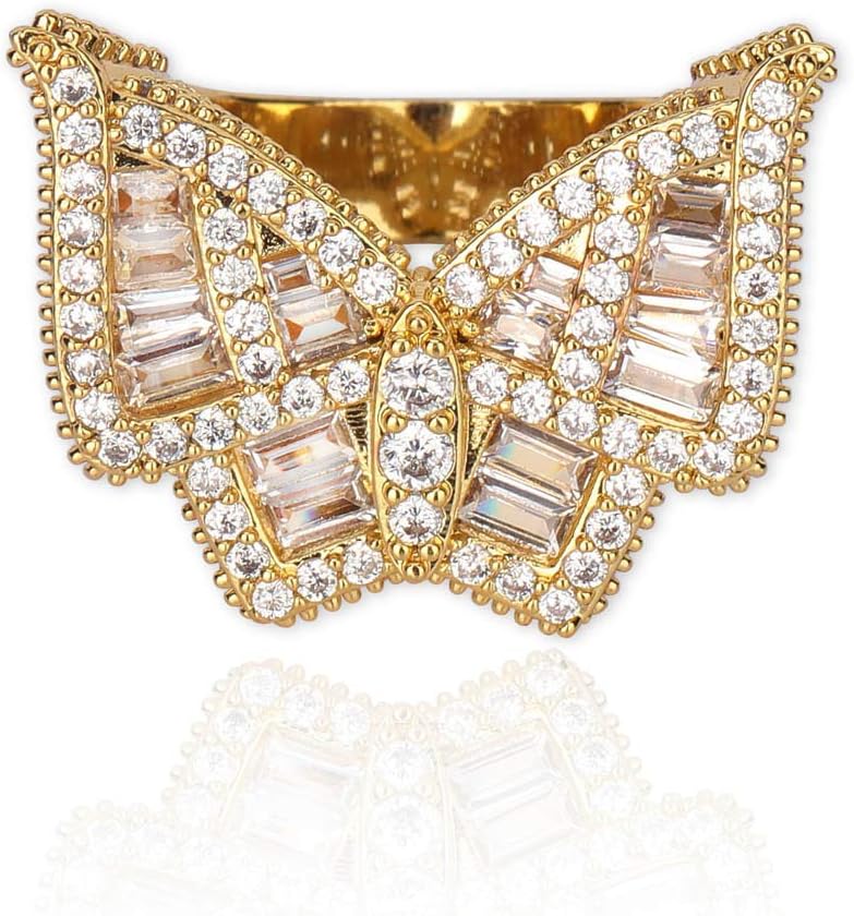 14K Gold over S925 Sterling Silver Butterfly Design Ring, Hip-Hop Style Densely Set Mossanite Ring, Delicate Elegance to Adorn Her Finger,Fathers Day From Wife