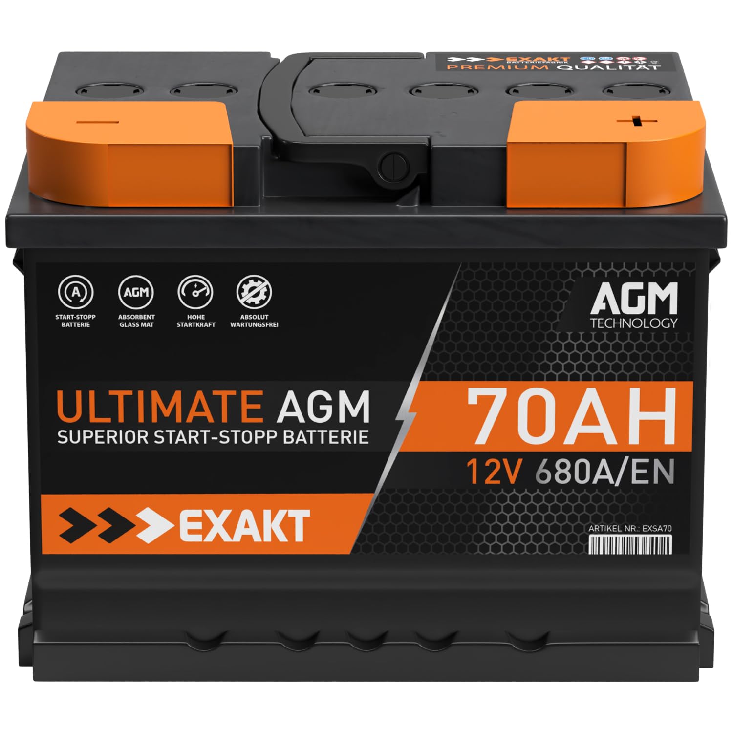 Exakt AGM Batterie 70Ah 12V Start-Stop Autobatterie VRLA ersetzt 60Ah 65Ah