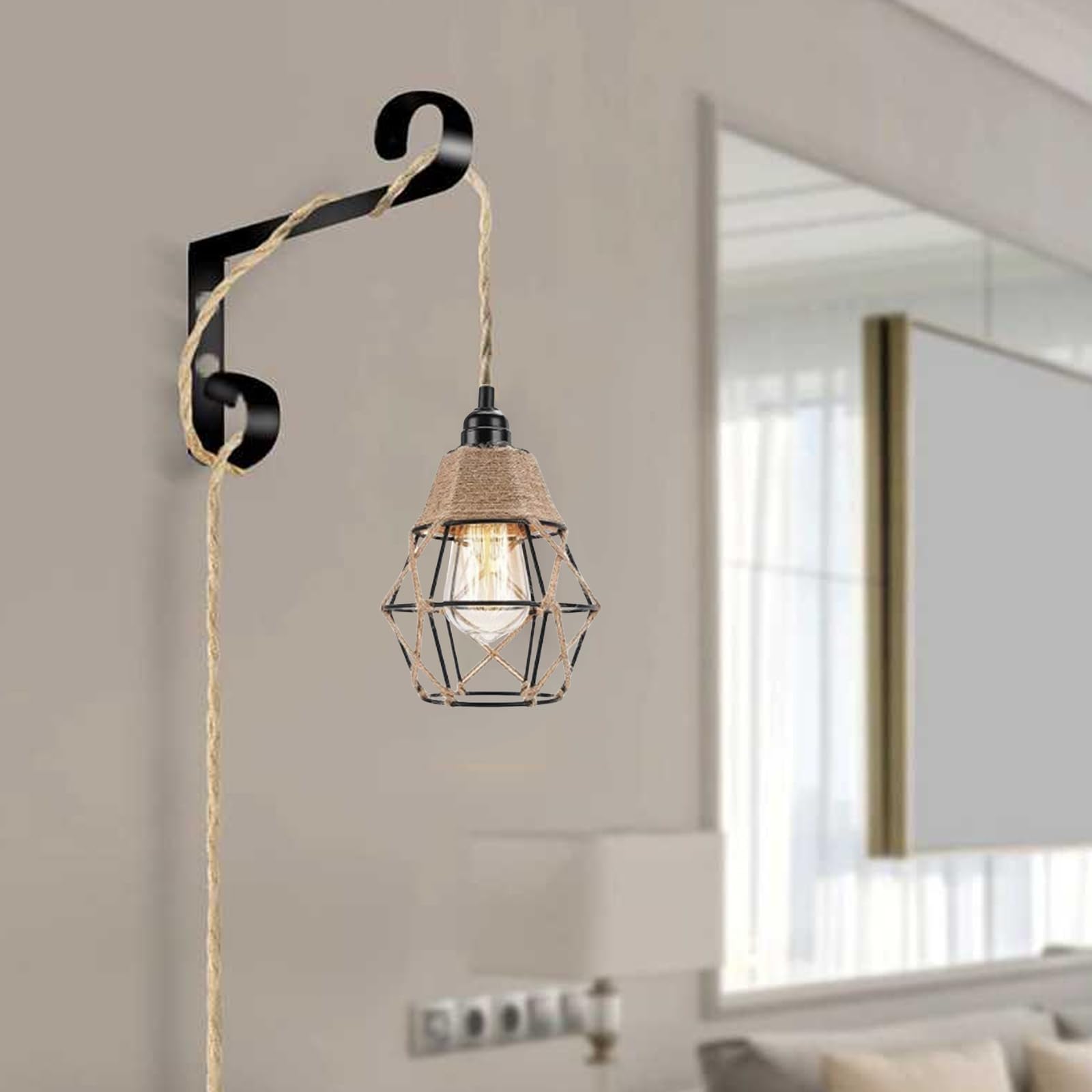 PORFOYO Lámpara de techo con enchufe, lámpara de pared retro atributo vintage cuerda de cáñamo lámpara colgante lámpara colgante lámpara colgante lámpara E27, cable de la lámpara lámpara colgante