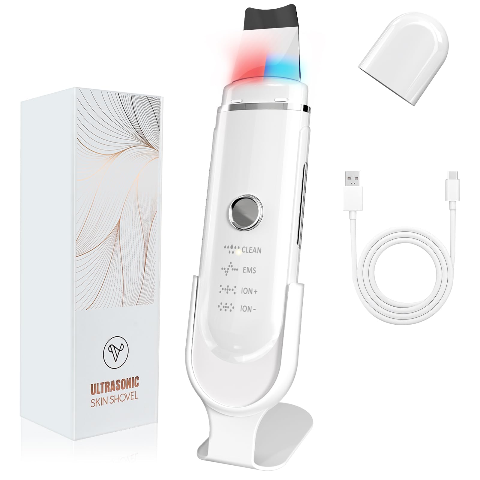 Pulizia Viso Ultrasuoni, Skin Scrubber con 4 Modalità e Luce Rossa e Blu, Spatola Professionale Punti Neri Rimozione Pulizia Profonda la Viso Peeling e Cura