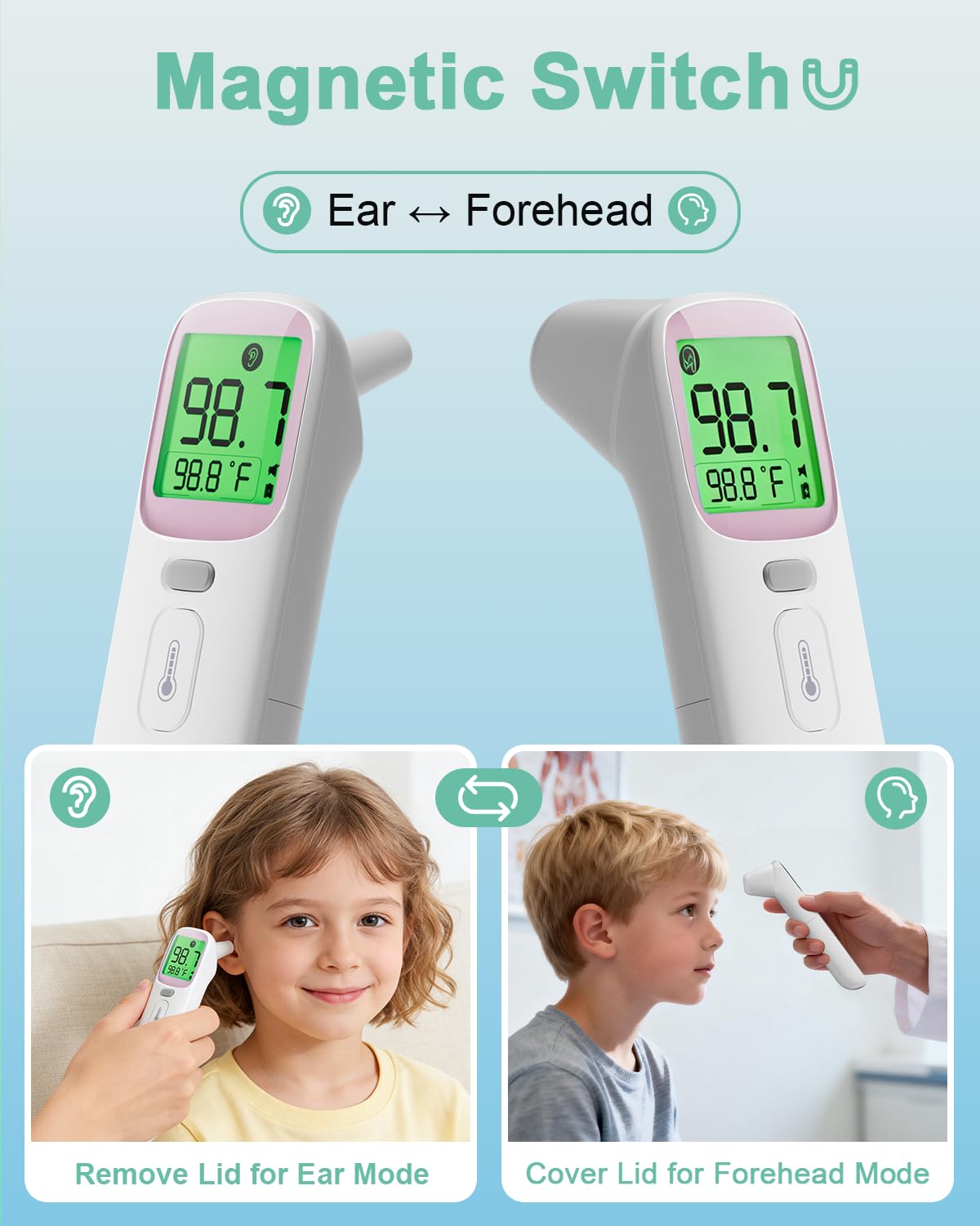 Ear Thermometer for Kids - Baby Forehead Pink Thermometer FSA-HSA,Digital Infrared Thermometers for Adults,Accurate No Touch Termometro with Fever Alarm & Mute Mode,40 Memories(Pink 1 Pack)