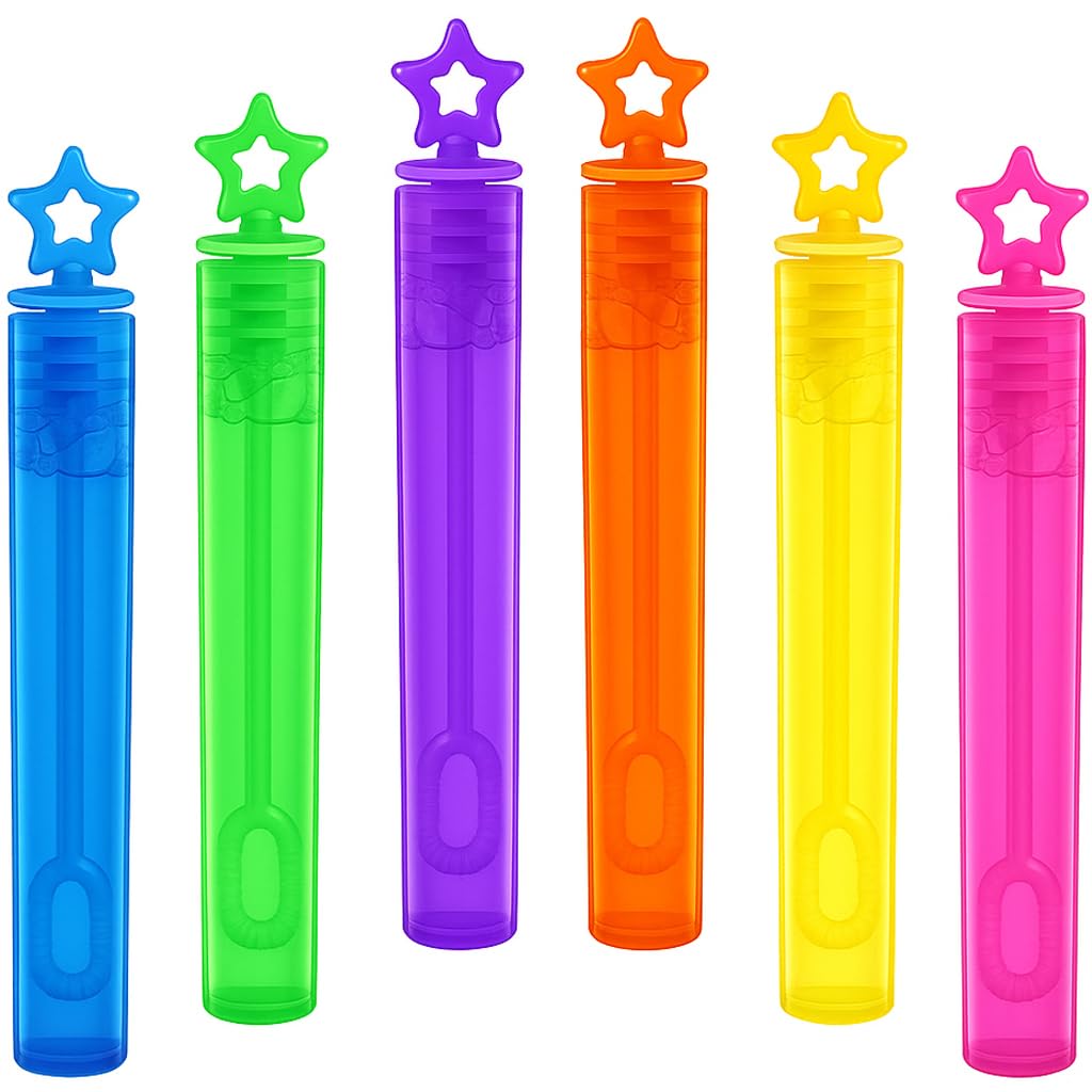 GIFTEXPRESS 32 Pack Assorted Color Star Bubble Sticks - Bubble Wands Party Favors - Mini 4.25" Tall 0.2 Fl Oz / 5 mL Tube of Non Toxic Bubbles Solution for Kids Birthday Goodie Bag