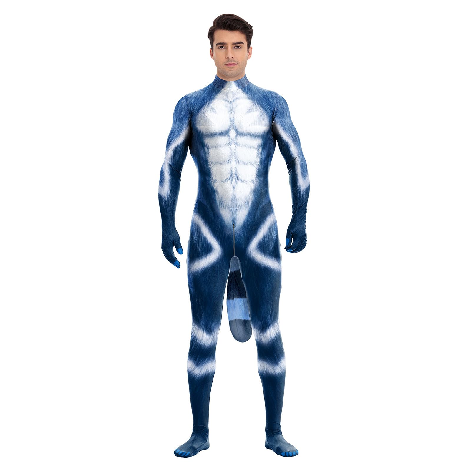 Bemeiren Bodysuit-Tierkostüm für Herren mit großem Schwanz, Druck, Petsuit, Spandex, pelziger Overall, für Cosplay, Halloween-Party