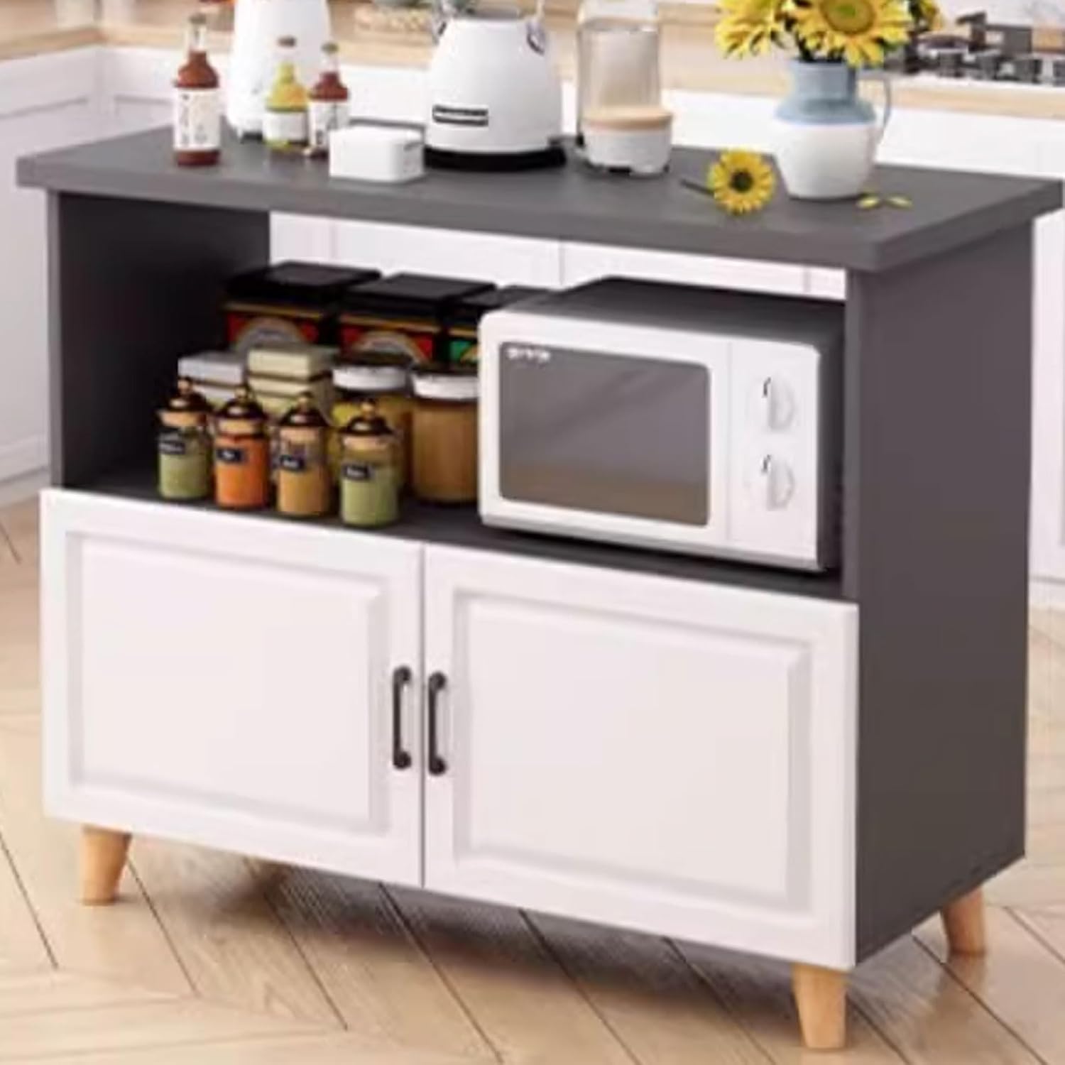 Freestanding Multi-Layer Kitchen Floor Cupboard，Microwave Storage Stand,Kitchen Storage Cabinets Small Space Made of Particle Board Bakers Rack for Kitchen with Storage, Freestanding Kitchen