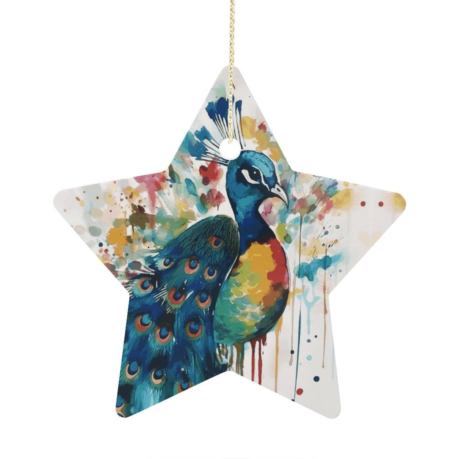 Watercolor Peacock Stars Ornaments Ceramic Christmas Tree Hanging Light in Weight Christmas Star Pendants Funny Double-Sided Printed Xmas Ornaments for Gifts