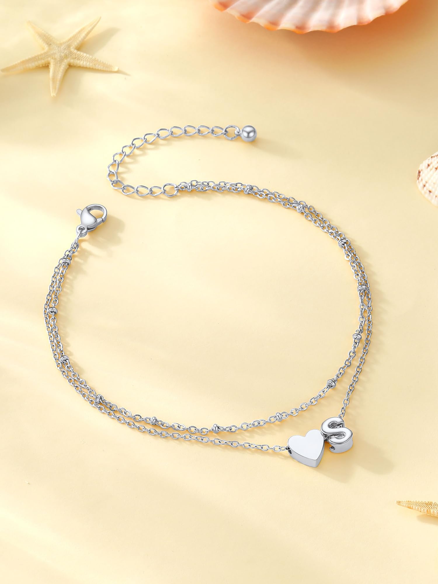 PROSTEEL A-Z Cavigliera a Doppio Strato Cavigliere Argento Cuore Iniziale Alfabeto Braccialetto Donna Resistente al Sudore e alla Corrosione 22+5 CM Cavigliere Ragazza