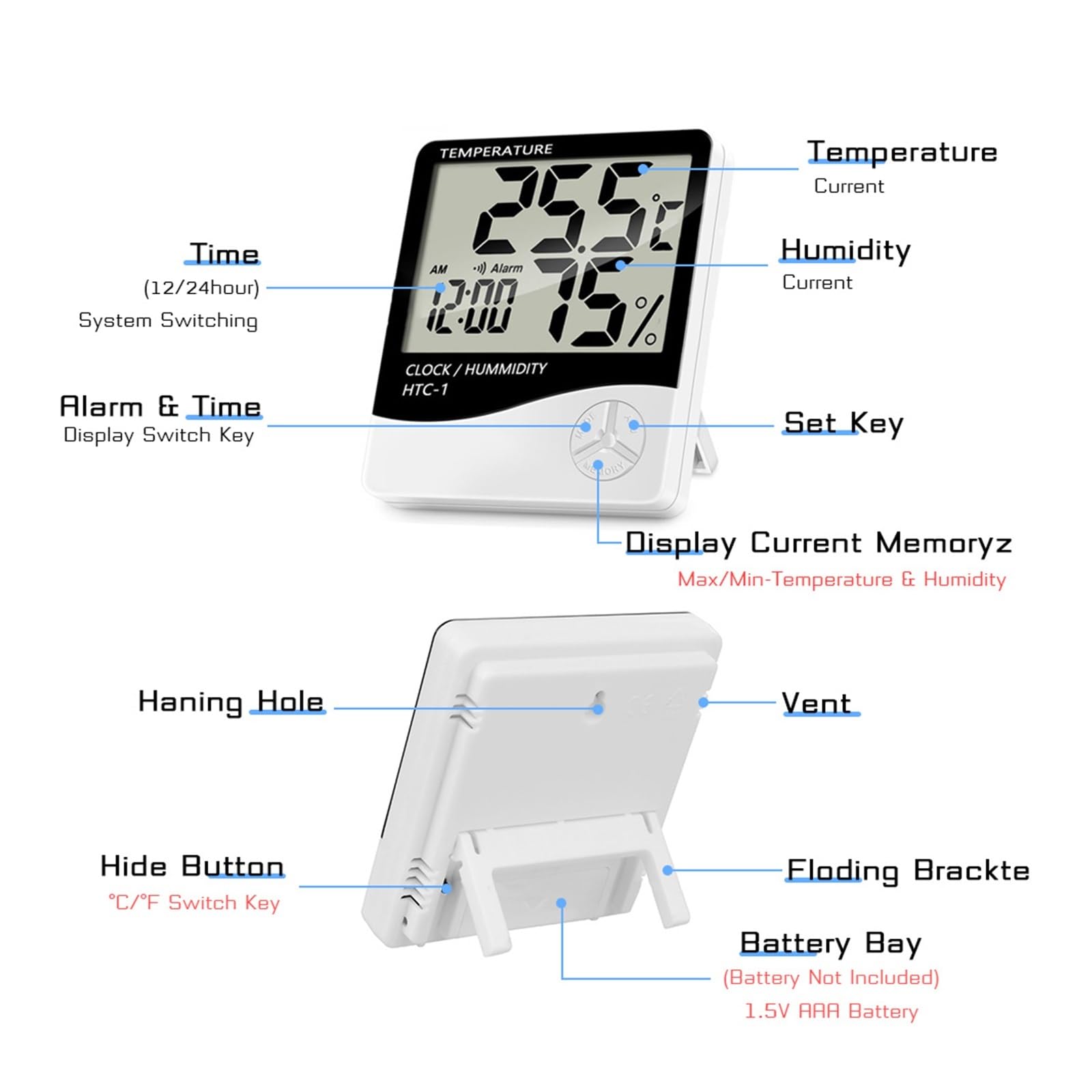 Termohigrometr LCD Elektroniczny Cyfrowy Miernik Temperatury Na Zewnątrz Miernik Wilgotności Termometr Z Podświetleniem Czujnik Higrometr Stacja Pogodowa Do Zegara Domowego(All)