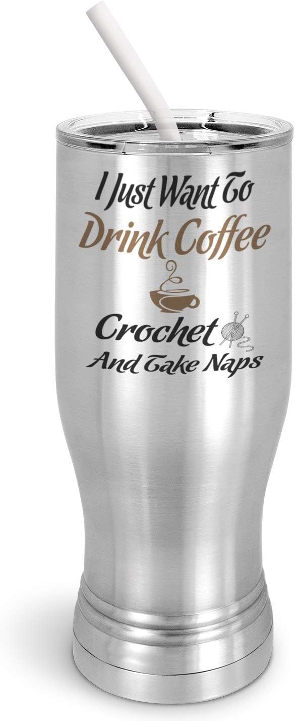 PixiDoodle I Love Coffee Crochet and Naps - Hobby Novelty Insulated Coffee Mug Tumbler with Spill-Resistant Slider Lid and Silicone Straw (15 oz Mug, Silver)