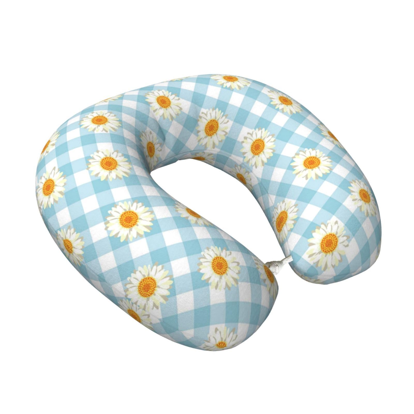 LKYMOH Retro Daisies Flowers Blue Gingham Check Pattern, Travel Neck Pillow U-Shaped Memory Neck Support Soft Comfortable With Washable Cover For Airplane Car Traveling and Office