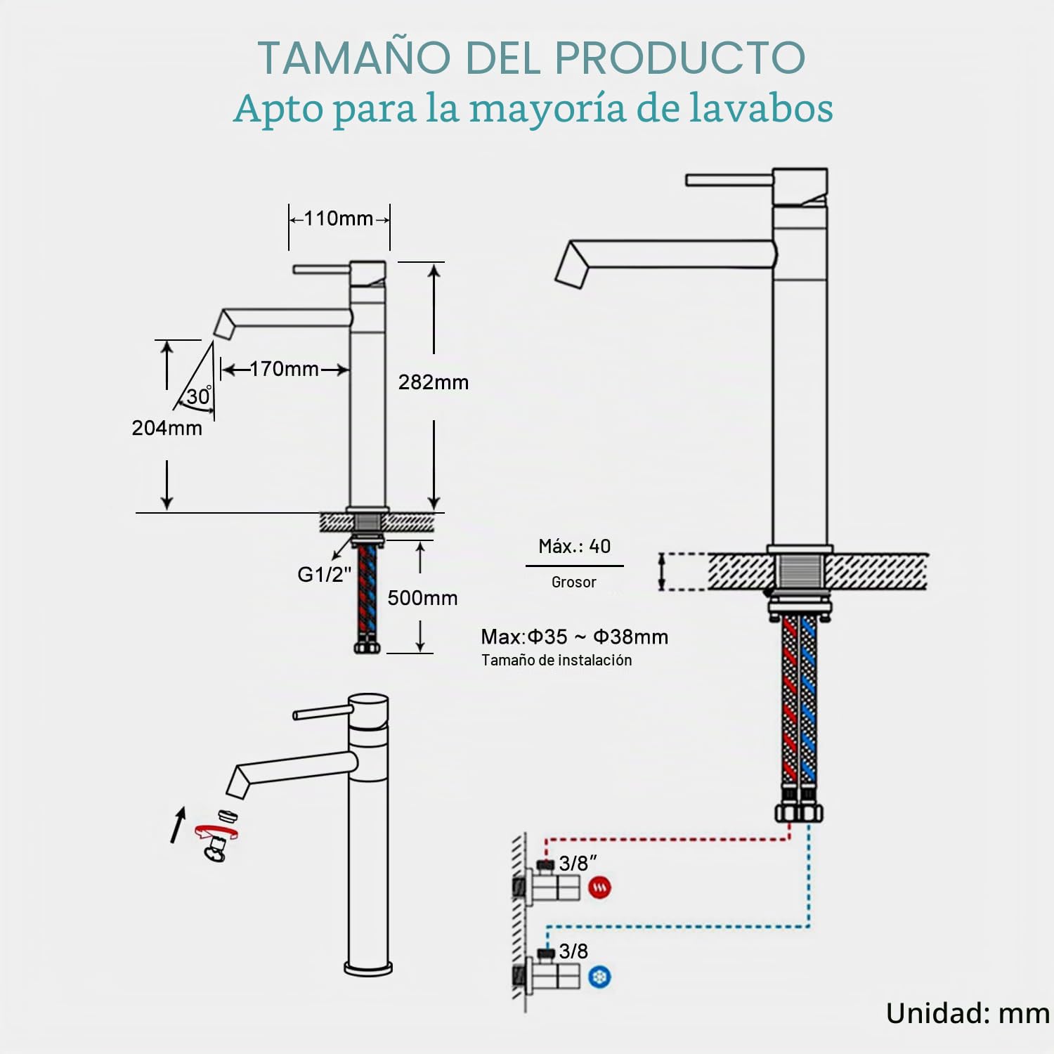 Ulytid Grifo Lavabo Alto Cromado, Grifo de Baño Giratorio de 360° para Lavabos Elevados, Mezclador Monomando de Acero Inoxidable 304 con Altura Del Caño de 204 mm, Agua Fria y Caliente Disponible